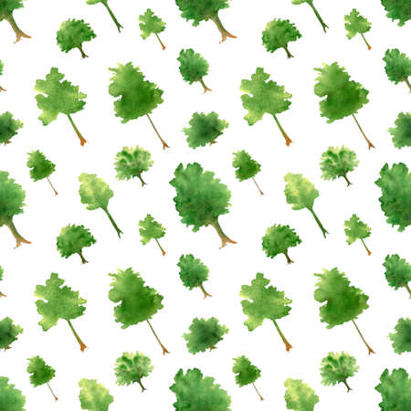 Seamless forest pattern. Watercolor background with oak, maple trees silhouette, abstract green ornament for textile, home decor, wallpaperの写真素材