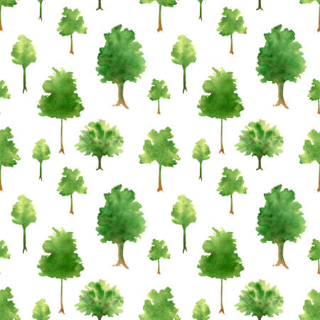 Seamless tree pattern. Watercolor background with maple, oak tree silhouette, green forest for textile, home decorの写真素材