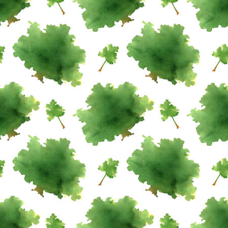 Seamless tree pattern. Watercolor background with oak tree silhouette, abstract green forest for textile, home decorの写真素材