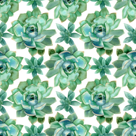 Seamless succulents flowers pattern. Watercolor botanical background with green plants for wrapping paper, textile, home decorの写真素材