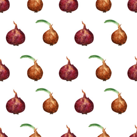 Seamless onion pattern. Autumn background with orange, brown and violet bulb onion vegetable plant, harvest for textile, kitchen decor, wallpaperの写真素材