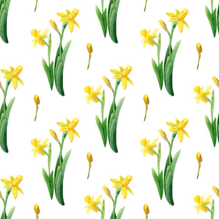 Seamless narcissus flowers pattern. Watercolor floral background with yellow daffodils and green leaves for textile, wallpapersの写真素材