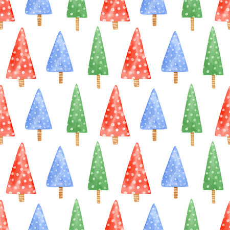 Seamless christmas tree pattern. Watercolor holidays background with cartoon green, red and blue Christmas trees with dots texture for wrapping paper, textileの写真素材