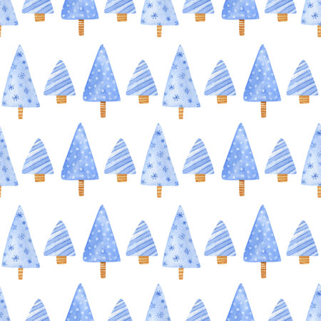Seamless christmas trees cartoon pattern. Watercolor background with cute blue christmas trees with various textures with lines, snowflakes, dots for wrapping paper, textileの写真素材