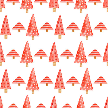 Seamless christmas pattern. Watercolor background with cartoon red christmas trees with various textures for wrapping paper, textileの写真素材