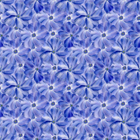 Seamless periwinkle blue pattern. Watercolor floral background with blue and violet flower and petals for textile, wallpaper, wrappingの写真素材