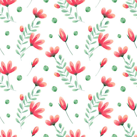 Seamless floral pattern. Watercolor background with abstract red and pink daisy flowers, bud and leaves for textile, wallpapers, home decorの写真素材