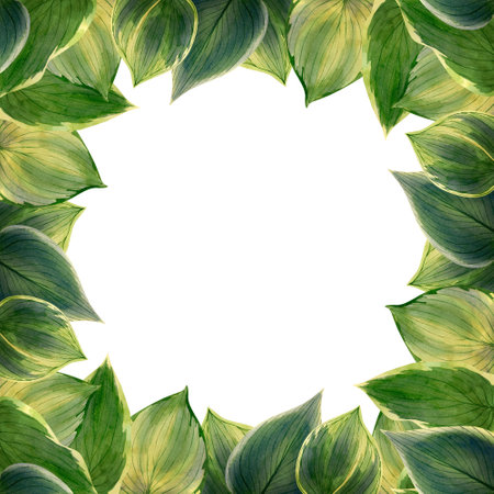 Green leaves frame. Watercolor illustration of hosta leaves for square frames, greeting and post...