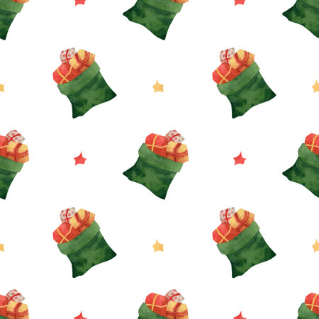 Seamless christmas pattern with green bag presents and stars. Watercolor background for holidays...
