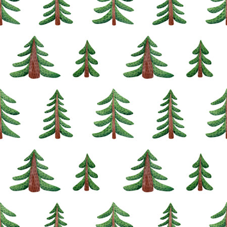 Seamless christmas tree pattern. Watercolor background with green christmas trees in cartoon style...