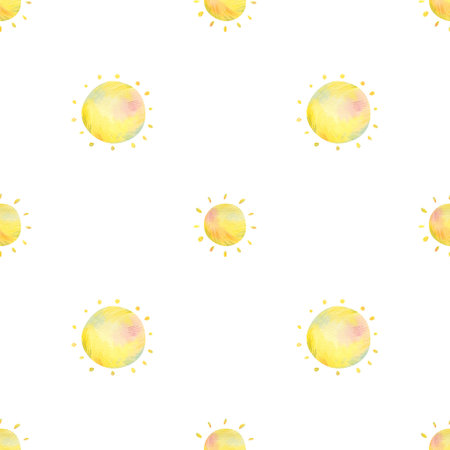 Seamless sun pattern. Watercolor background with cartoon illustration of cute sun for kids textile, wallpaper, fabric texture, sleepwearの写真素材