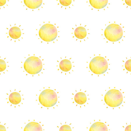Seamless cute sun pattern. Watercolor background with cartoon warm illustration for kids textile,...