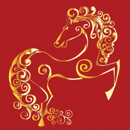 gold silhouette of a horse on a red backgroundのイラスト素材