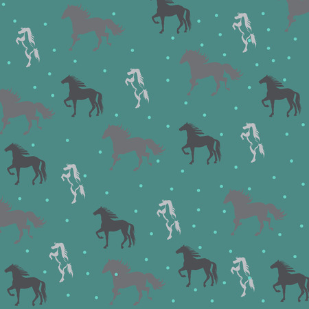 green background with horses  different horses silhouettesのイラスト素材