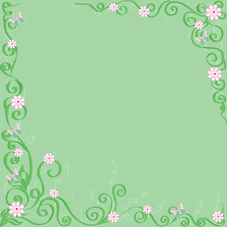 green background with flowers and butterflies のイラスト素材
