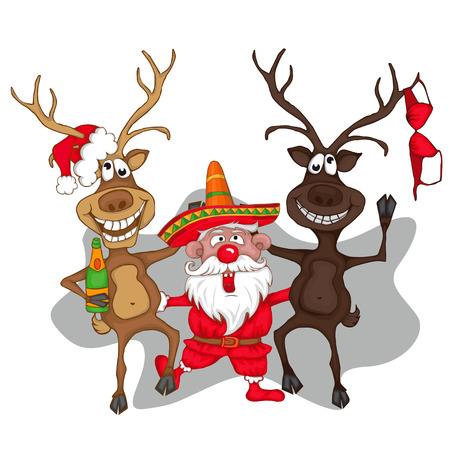 Santa Claus dancing with deers. cartoon styleのイラスト素材