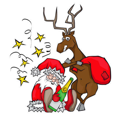 drunken Santa Claus sleeps. deer carries a bag. cartoon styleのイラスト素材