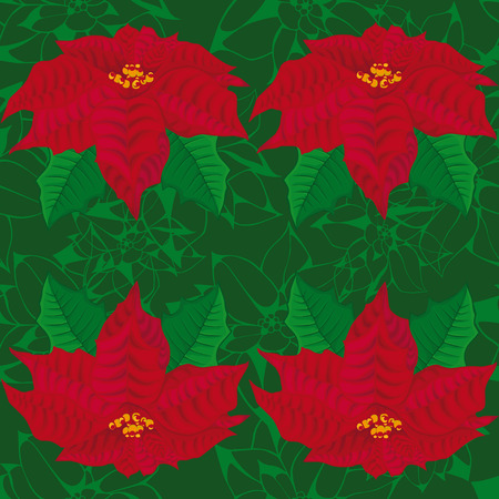 Seamless green background.red flowers of poinsettia. seamless pattern.のイラスト素材