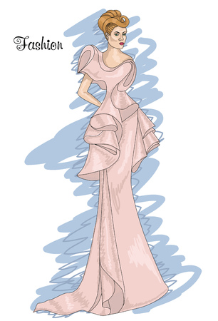 Woman in a long pink dress. Colour rose quartz.のイラスト素材