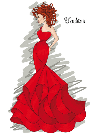 Woman in a long red dress. Fashion and hairstyle.のイラスト素材