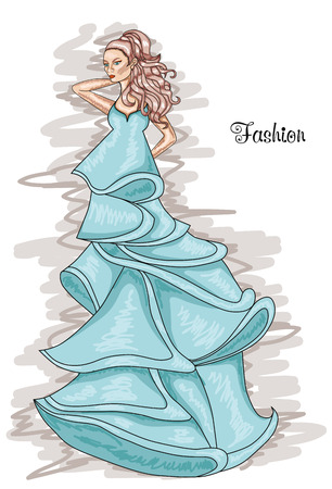 Woman in a long blue dress. Iceland Paradise-colored dress. Hairstyle and Fashion.のイラスト素材