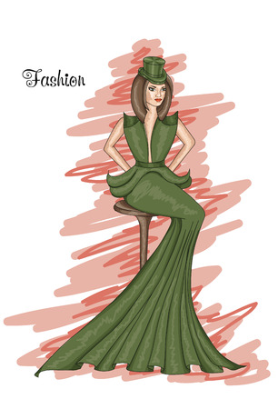 Sitting girl in a long green dress. Kale-colored dress. Hairstyle and Fashion.のイラスト素材