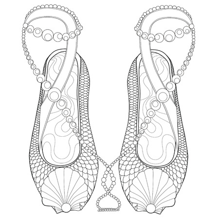 Coloring for adults. Ballet flats with shells. Isolated image on white backgroundのイラスト素材