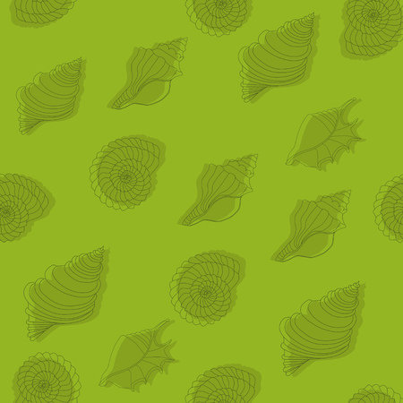 Seamless green pattern with seashells. Line work.のイラスト素材