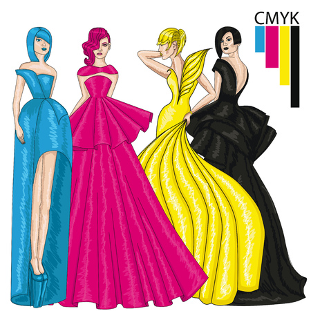 Color model Four-color printing CMYK. Girls in long evening gowns. Fashion.のイラスト素材