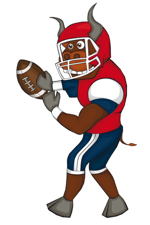 Bull plays American football. Cartoon style. Isolated image on white background. Clip art for childrenのイラスト素材