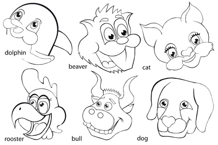 Coloring book. Animal heads. Set. Cartoon style. Isolated image on white background.のイラスト素材