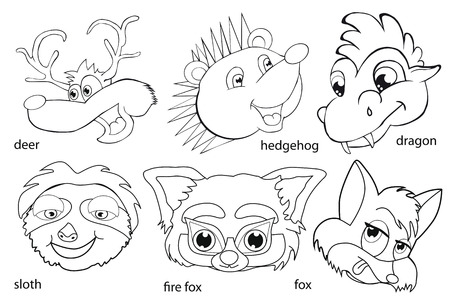 Coloring book. Animal heads. Set. Cartoon style. Isolated image on white background.のイラスト素材