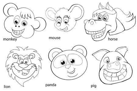 Coloring book. Animal heads. Set. Cartoon style. Isolated image on white background.のイラスト素材