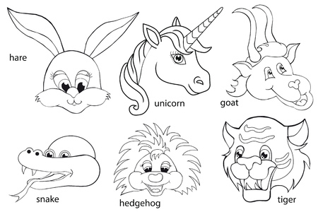 Coloring book. Animal heads. Set. Cartoon style. Isolated image on white background.のイラスト素材