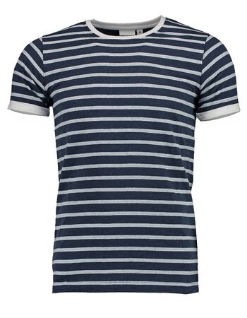 Man's striped t-shirt white and blue. Isolated image on white background. Men's clothing.の写真素材