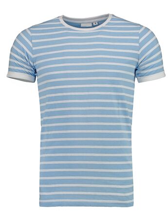 Man's striped t-shirt white and blue. Isolated image on white background. Men's clothing.の写真素材