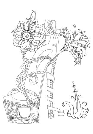 Shoe witch flowers. Coloring book for adults. Standard picture for a t-shirt or tattoo.のイラスト素材
