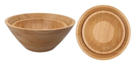 Double wooden bowl. Front and top view. Isolated object on a white background.の写真素材