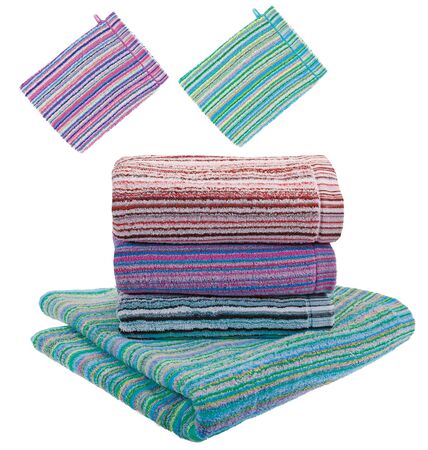Set. Stack of terry towels and Three rolled terry towels. Striped towels. Different colors. Isolated image on white background. Front viewの写真素材