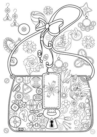 Adult coloring book. Stress relieving. Bag with buttons and flowers.のイラスト素材