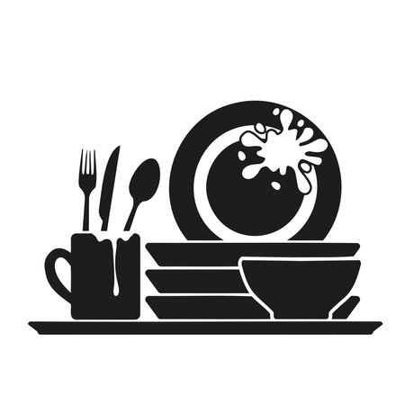 Black and white icon of dirty dishes. Isolated image on a white background.のイラスト素材
