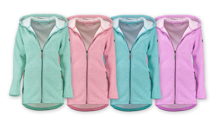 Collection of warm hoodies. Front view. Isolated image on a white background. Nobody.の写真素材