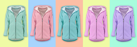 Collection of warm hoodies. Front view. Isolated image on a colored background. Nobody.の写真素材