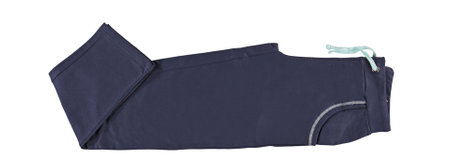 Blue sweatpants with gray drawstring. Isolated image on a white background. Nobody.の写真素材