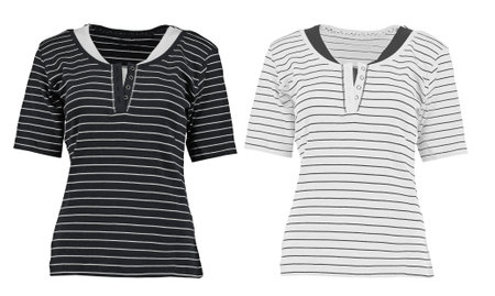 Striped women's t-shirt in a marine style. Small buttons on the front. Isolated image on a white background. Nobody.の写真素材