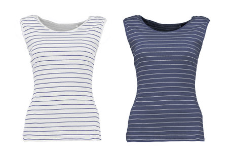 Striped women's t-shirt in a marine style. Small buttons on the front. Isolated image on a white background. Nobody.の写真素材