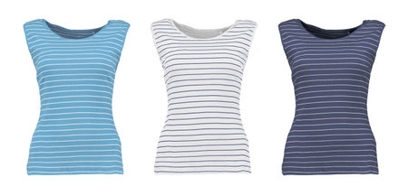 Collection of tops in a marine style. Isolated image on a white background. Nobody.の写真素材