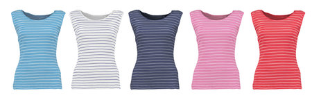Collection of tops in a marine style. Isolated image on a white background. Nobody.の写真素材