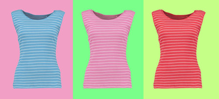 Bright summer tops on a colorful background. Collection of striped shirts.の写真素材