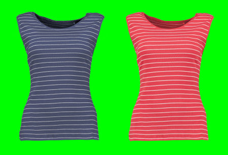 Red and blue T-shirt in a marine style on a green background.の写真素材